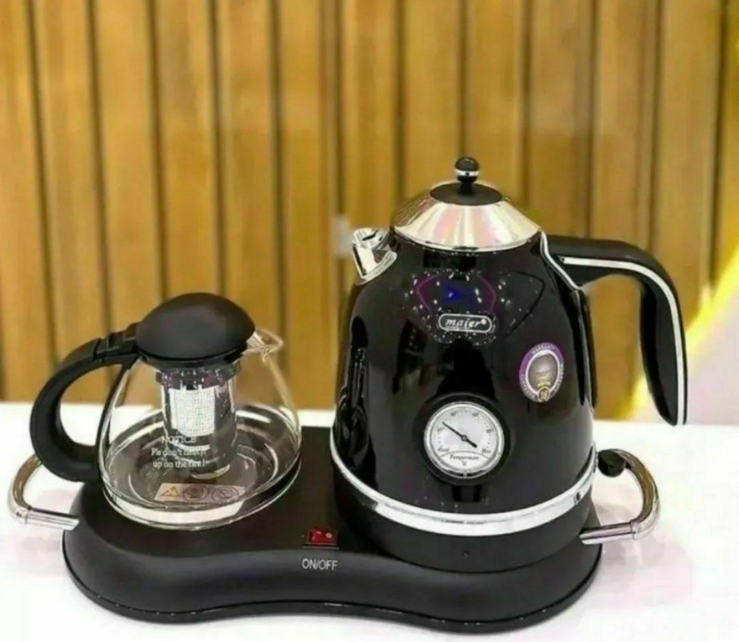 چای‌ساز کنارهمی Maier مدل MR-1565 مشکی | کتری استیل و قوری پیرکس