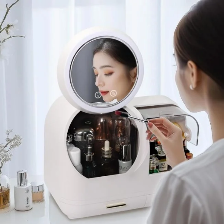 جعبه ارگانایزر آرایشی و بهداشتی لوکس با آینه لمسی و رینگ لایت