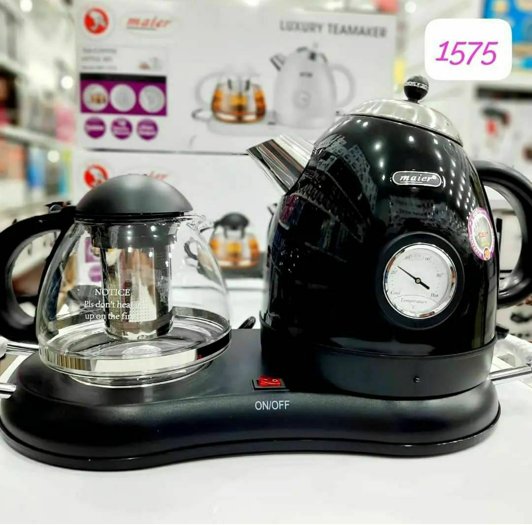 چای‌ساز کنارهمی Maier مدل MR-1575 مشکی | کتری استیل و قوری پیرکس