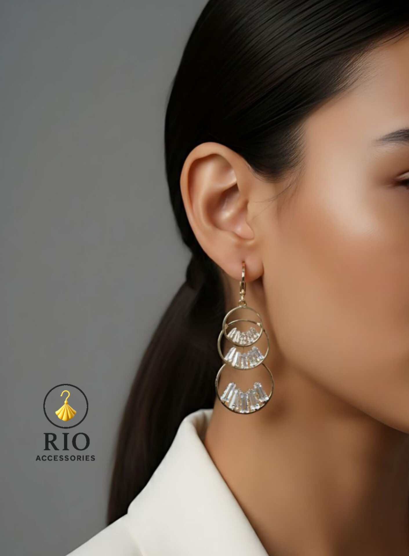 گوشواره آویز سه حلقه ای با نگین های کریستالی