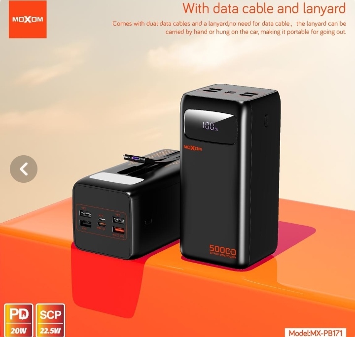 پاور بانک 50000 موکسوم مدل MX-PB171 |ظرفیت50000میلی آمپرفست شارژ PD 20W SCP 22.5W | مناسب قطعی برق، کمپ و سفر